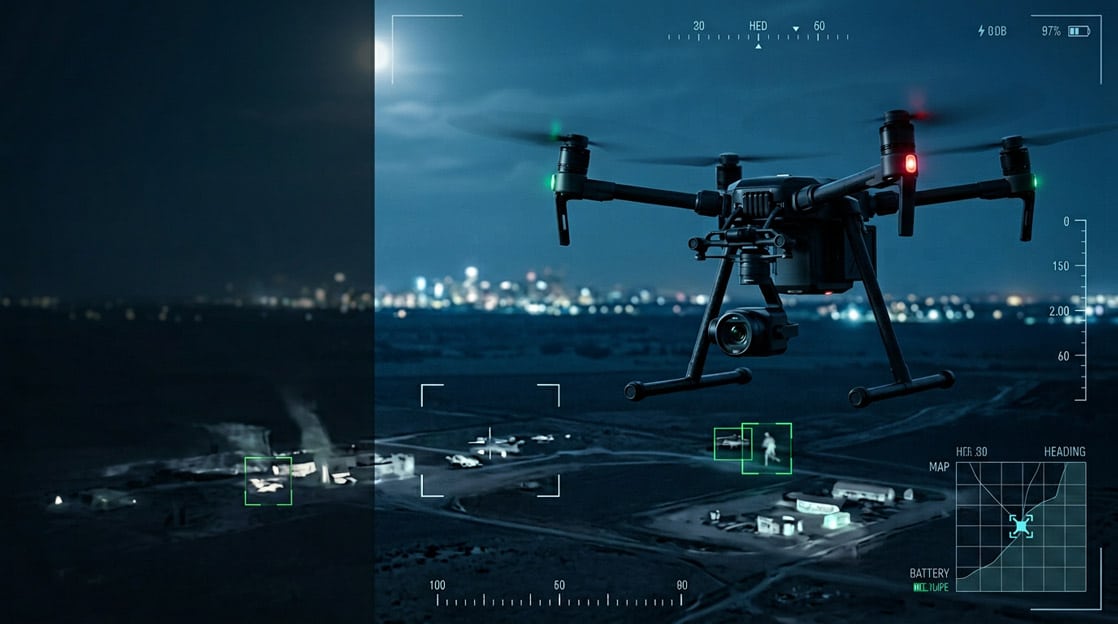 A low-light UAV with a mounted camera flies over a landscape at night, capturing thermal images and tracking targets on a digital display—ideal for night vision drone operations and combat scenarios.
