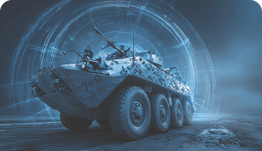 Armored military vehicle with six wheels on rugged terrain, depicted with a blue digital circular pattern in the background.
