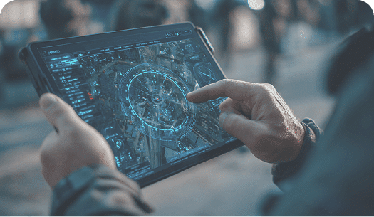 Person operating a touchscreen tablet displaying a digital map with a circular interface, possibly for military or tactical use, with blurred figures in the background.