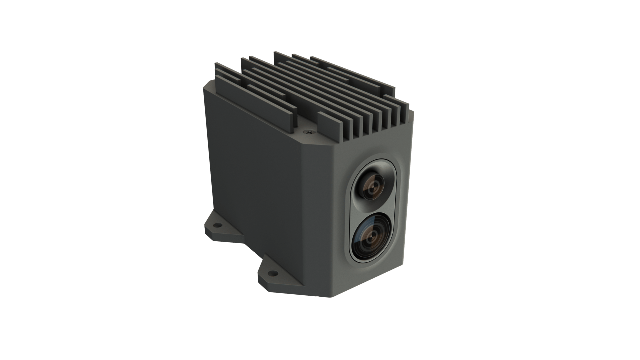 A compact electronic device with two circular lenses and a finned heat sink mounted on top, designed for mounting with four corner holes.