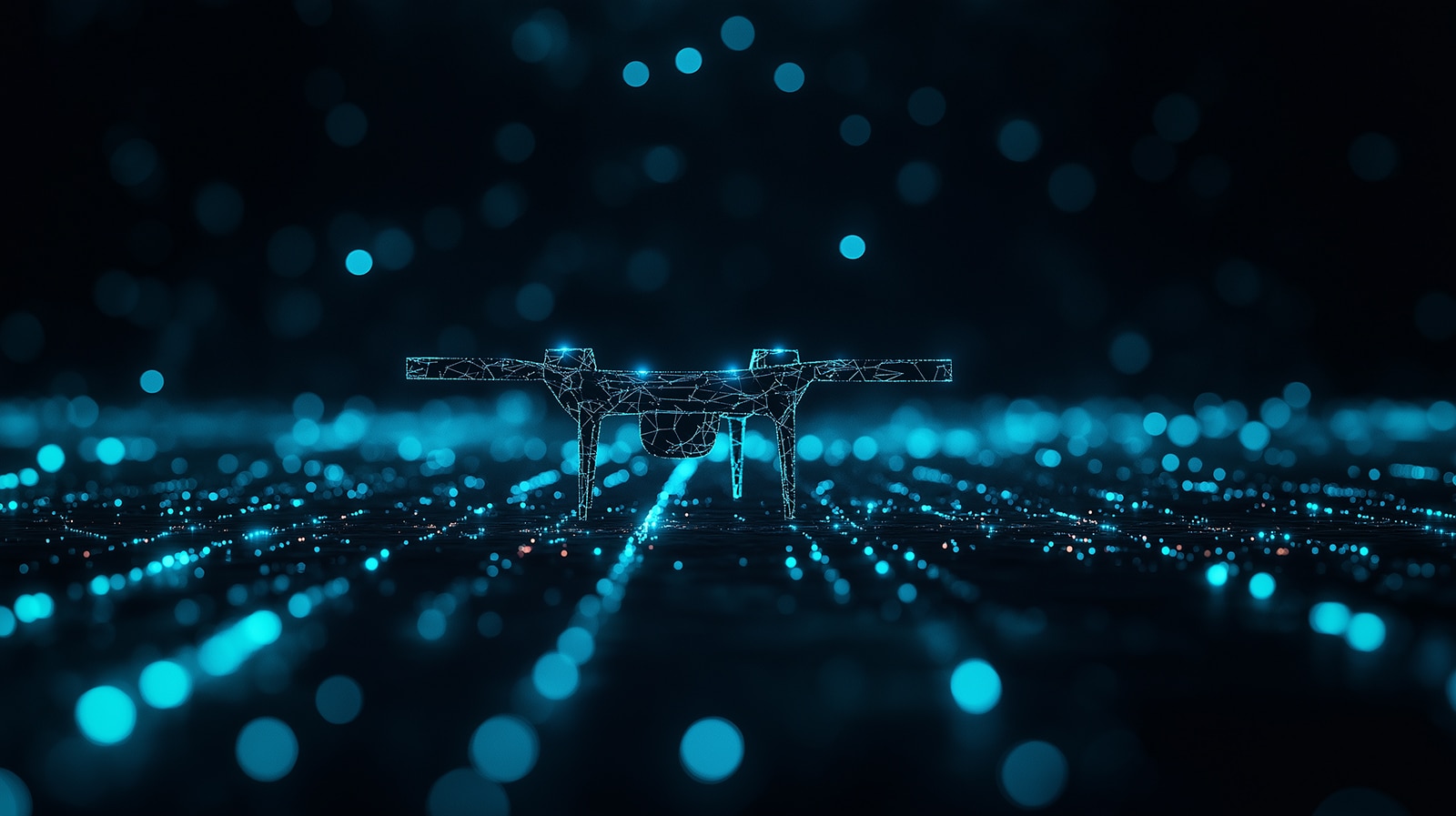 A digital illustration of a drone outlined in blue lights, hovering over a glowing circuit board with a dark background and scattered blue light particles.