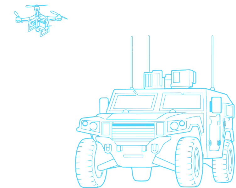 Line drawing of a drone flying near an armored vehicle equipped with antennas and sensors, on a plain white background.