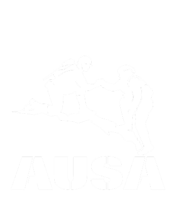Silhouette of one person helping another up a ridge, both wearing backpacks. The letters “AUSA” appear below the figures.